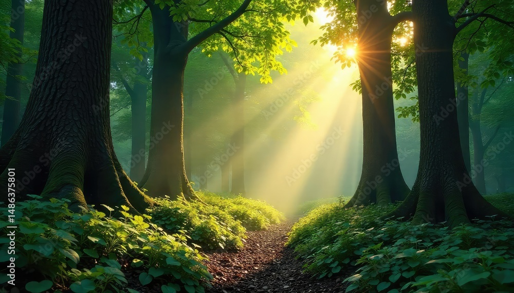 Poster sunbeams filtering through dense forest canopy, dappled light on the forest floor, creating magical 