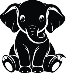 Baby elephant sitting silhouette,  a cartoon line art drawing of a baby elephant sitting down