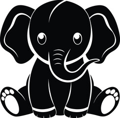 Baby elephant sitting silhouette,  a cartoon line art drawing of a baby elephant sitting down