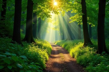Fototapeta premium Sun-dappled forest path winding through lush green woods, sunlight filtering through leaves , environment, sunlight