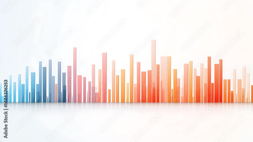 Poster abstract representation of rising columns, changing color spectrum from cool blue to warm red. refle
