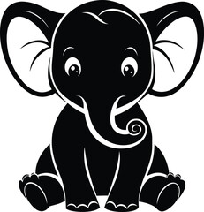 Baby elephant sitting silhouette,  a cartoon line art drawing of a baby elephant sitting down