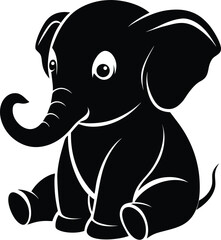 Baby elephant sitting silhouette,  a cartoon line art drawing of a baby elephant sitting down