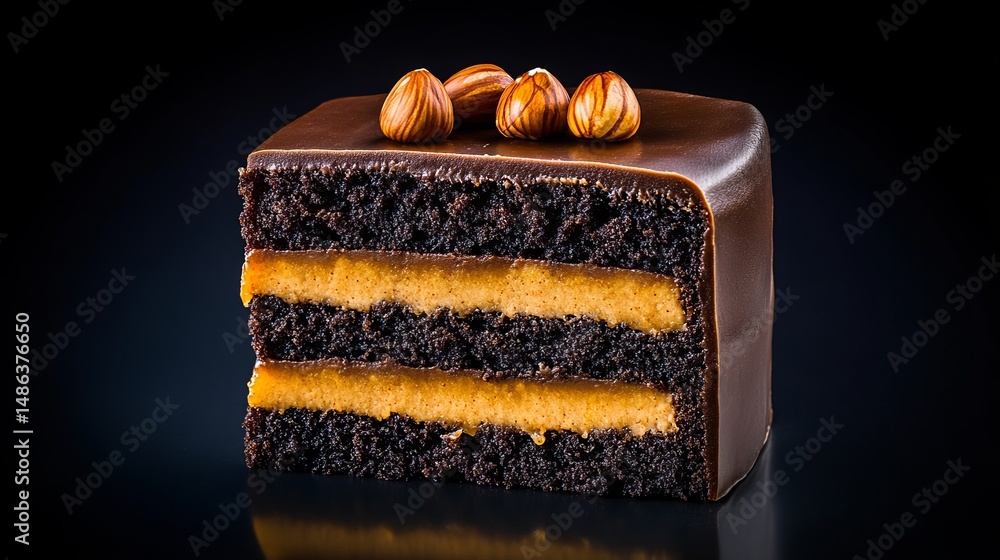 Poster chocolate cake slice shows layers and is topped with three hazelnuts on a glossy ganache against a d