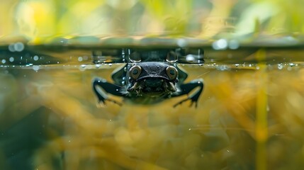 Diving beetle larva at the water surface with drops and reflection
