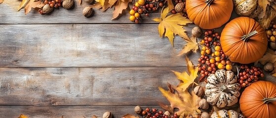 Autumn Harvest Wooden Background Pumpkins Fall Leaves