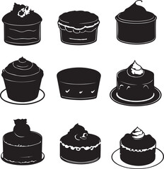 Black and White Cake Silhouettes: Various Desserts, Vector Art