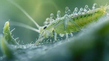 Fototapeta premium Close up of a green lacewing covered in water droplets on a leaf