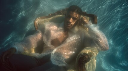 A young man sits on a vintage chair submerged in water, wearing translucent bubble wrap fashion. His relaxed pose contrasts with the dynamic movement of the water surrounding him