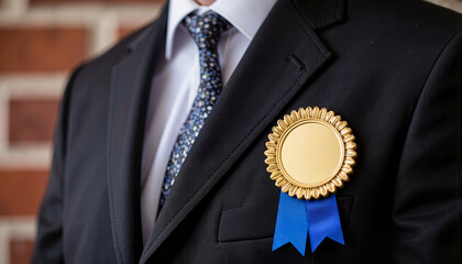 Person wearing award medal in formal attire, recognition moment