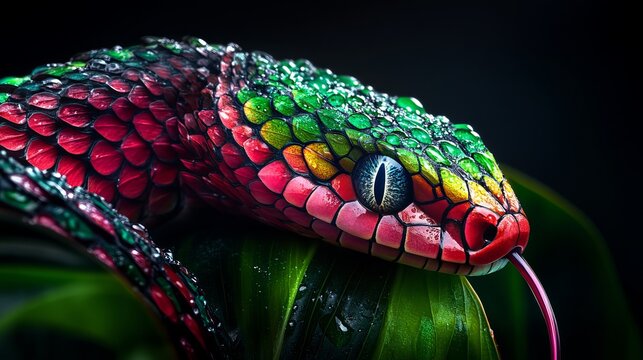 Colorful snake rests on a green leaf, sticking out its tongue, with water droplets on its scales against a black background.