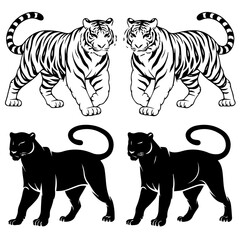 Naklejka premium Set of stylized vector illustrations featuring two white tigers and two black panthers in a walking pose, rendered in bold black-and-white line art with mirrored symmetry.