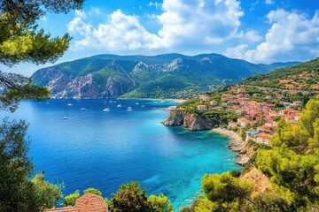 Obraz premium Coastal beauty of Assos village in Kefalonia on a sunny day with clear waters and charming houses, Beautiful sea coast and bay of Assos village in Kefalonia, Greece