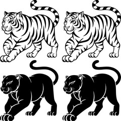Set of stylized vector illustrations featuring two white tigers and two black panthers in a walking pose, rendered in bold black-and-white line art with mirrored symmetry.