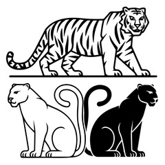 Set of stylized vector illustrations featuring two white tigers and two black panthers in a walking pose, rendered in bold black-and-white line art with mirrored symmetry.