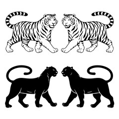 Set of stylized vector illustrations featuring two white tigers and two black panthers in a walking pose, rendered in bold black-and-white line art with mirrored symmetry.