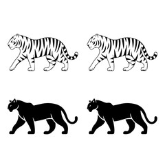 Set of stylized vector illustrations featuring two white tigers and two black panthers in a walking pose, rendered in bold black-and-white line art with mirrored symmetry.