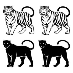 Set of stylized vector illustrations featuring two white tigers and two black panthers in a walking pose, rendered in bold black-and-white line art with mirrored symmetry.