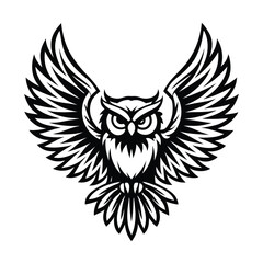 Majestic Owl Wings Spreaded, Detailed Feather Silhouette, Isolated, Black and White Design