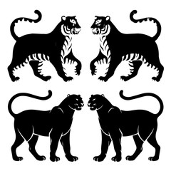 Set of stylized vector illustrations featuring two white tigers and two black panthers in a walking pose, rendered in bold black-and-white line art with mirrored symmetry.