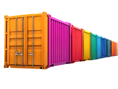 Row of Colorful Shipping Containers on Transparent Background