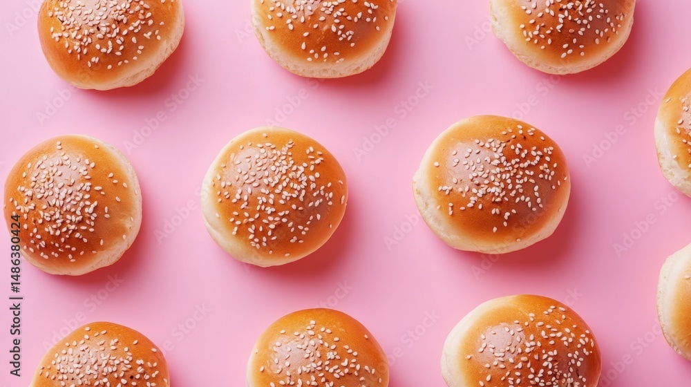 Aufkleber top view of multiple sesame burger buns arranged on a pink background.