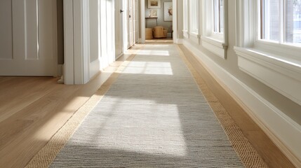 Light hallway runner on hardwood floors