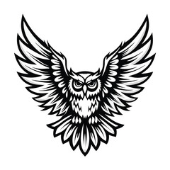 Stylized Owl with Open Wings, Black and White Illustration, Detailed Plumage, Art