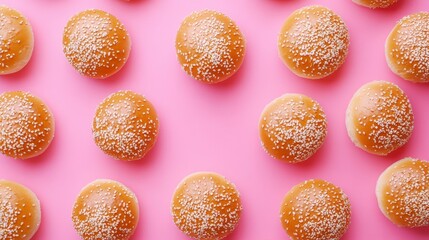 Sesame seed buns arranged in a repeating pattern on a pink background.