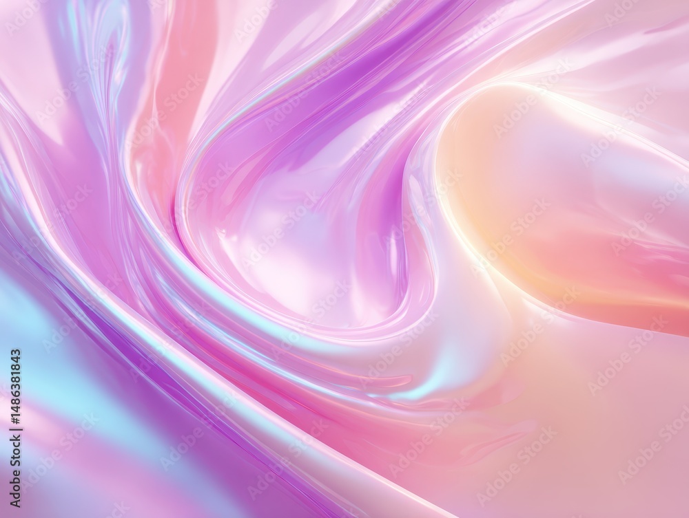 Poster abstract fluid texture in soft pastel colors with smooth curves and shiny surfaces, illustrating mod