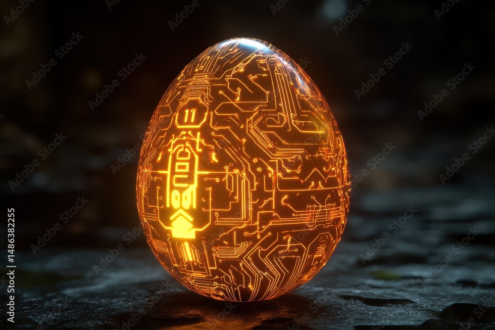 Aufkleber glowing egg featuring intricate circuit designs illuminated in a dark environment, digital art of a 