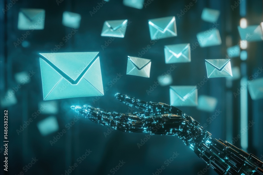 Poster ai technology sorts letters into envelopes for efficient email processing, ai-powered hand sorting l