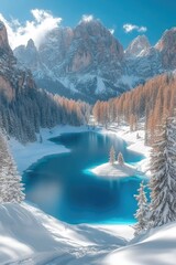 A picturesque winter landscape of a glacial lake nestled in a mountain valley.