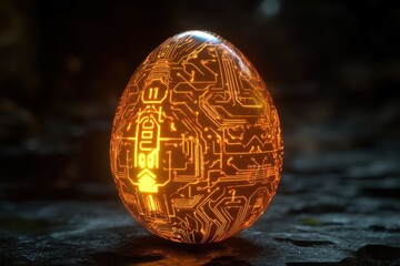 Glowing egg featuring intricate circuit designs illuminated in a dark environment, Digital art of a glowing egg with intricate circuit design,