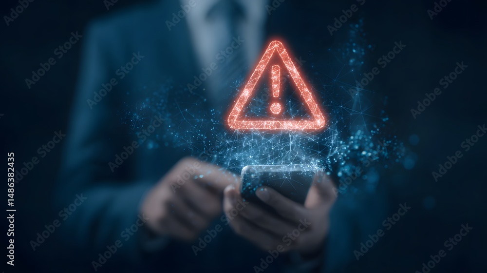 Poster a caution symbol or warning icon is displayed on a smartphone or digital device screen indicating a 