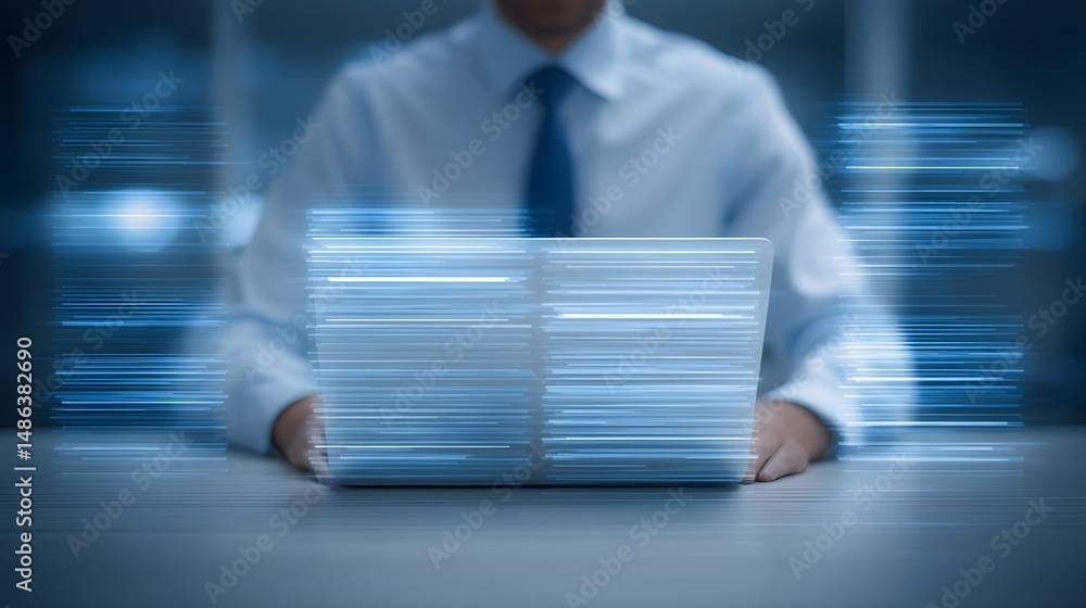 Poster blurred image of a professional businessperson in a suit sitting at an office desk surrounded by sta