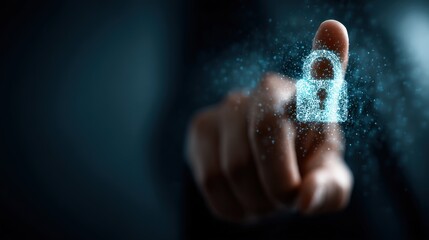Digital security concept graphic finger touching glowing padlock representing data protection and technological safety
