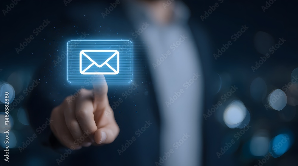 Poster a person s finger pointing at a glowing digital email icon displayed on a dark blurred background sy