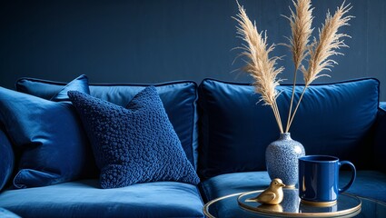 A blue velvet sofa with pillows and a table with a vase and a mug in a dark blue room setting