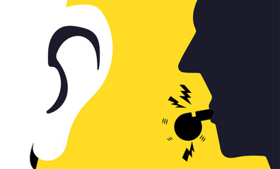 Illustration of a whistleblower spreading information to other person's ear
