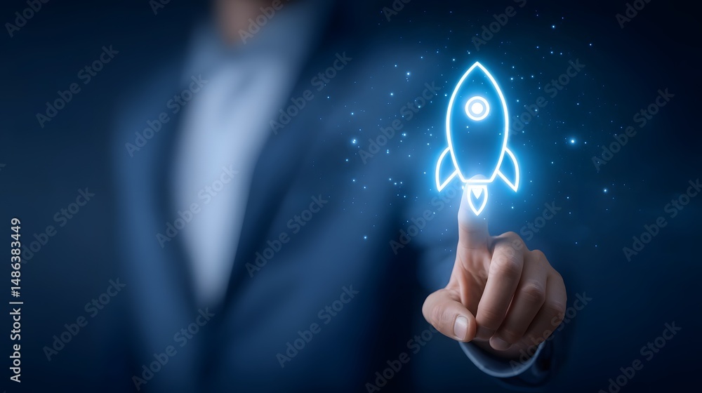 Poster a business leader s hand activating a glowing rocket icon symbolizing the innovative spirit and forw