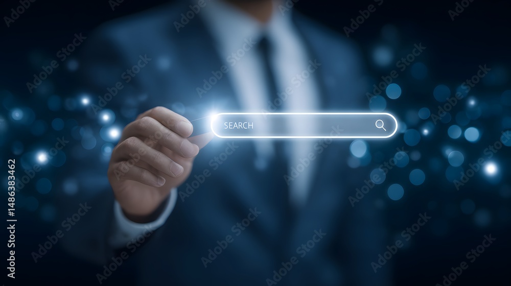 Poster a transparent futuristic digital search interface with glowing data and information representing the