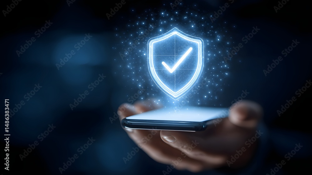 Aufkleber hands holding a smartphone displaying a glowing holographic shield icon symbolizing data protection 