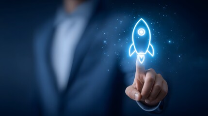 A business leader s hand activating a glowing rocket icon symbolizing the innovative spirit and forward thinking approach of a dynamic startup company embracing new technologies to shape the future
