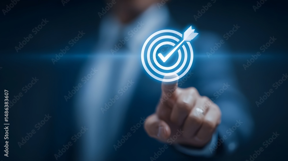 Poster a businessman s hand reaching out to touch a digital target with a dart symbolizing goal setting str