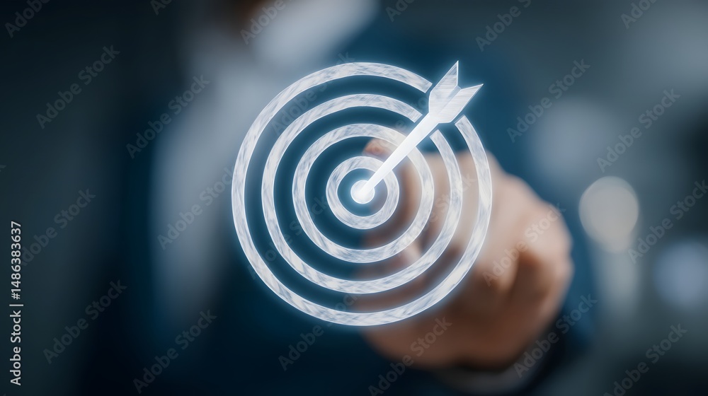 Poster a hand holding a dart aims at the center of a concentric circular target board symbolizing strategy 