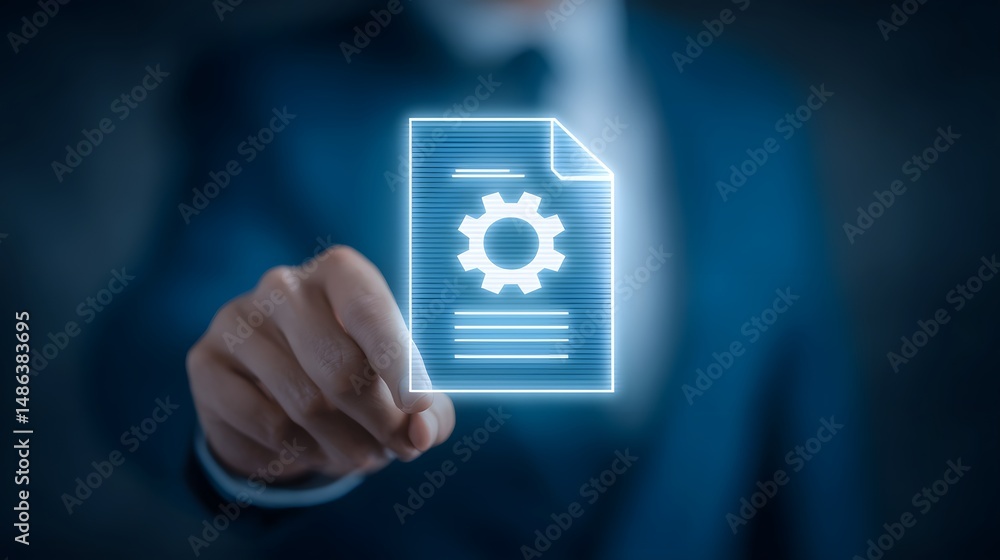 Poster a businessman in a suit gesturing towards a holographic display showing an automated workflow and sy