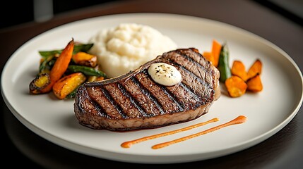 Grilled steak with butter, mashed potatoes, and roasted vegetables artfully presented