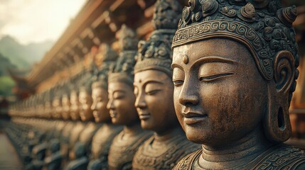 Serene stone statues in a row, showcasing ancient craftsmanship.