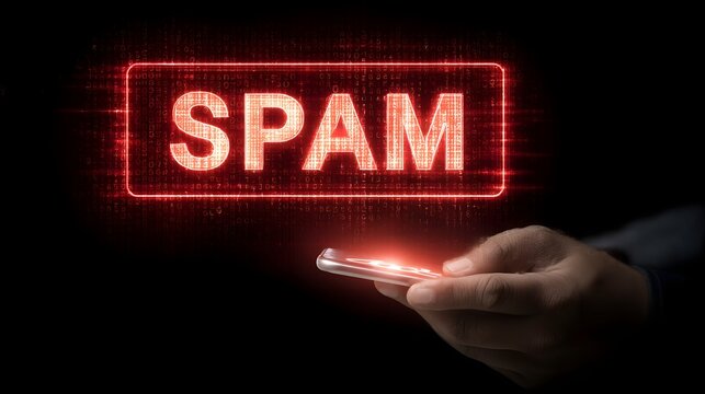 A hand holding a digital device displaying a bright red  SPAM  warning message highlighting the cybersecurity risks and threats of unsolicited and malicious digital communications